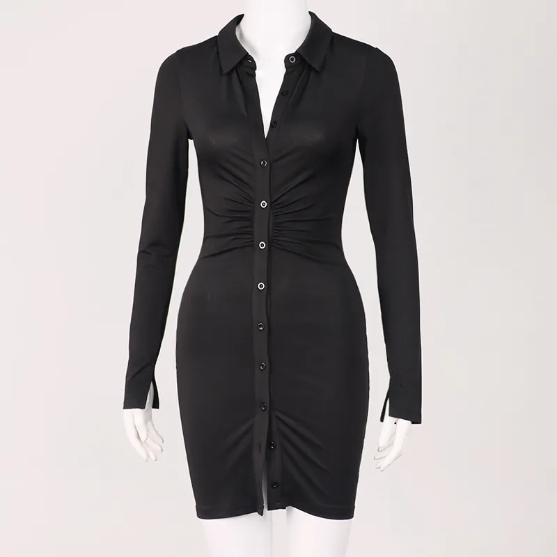 Криптографические ruched Black женская рубашка платье мода повседневная воротник поворотный воротник на кнопке женщин мини-платья bodycon solid y0118