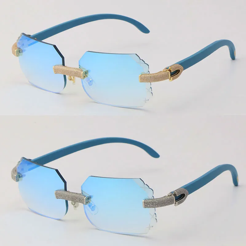 Nouveau Micro-pavé Vintage en bois sans monture de luxe diamant ensemble lunettes de soleil bleu bois conduite lunettes de soleil Rocks métal cadre mâle et Fema184H