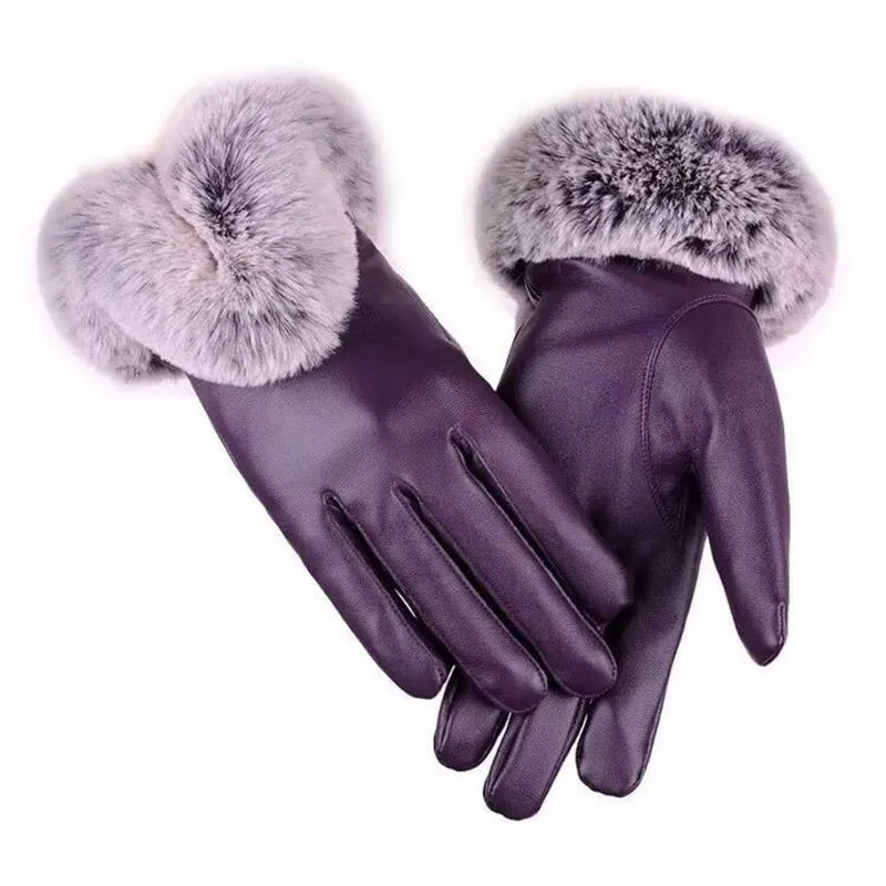 Doux confort en plein air hiver Double épaisseur en peluche poignet femmes coupe-vent écran tactile chaud Faux cuir doigt complet gants de conduite 225H
