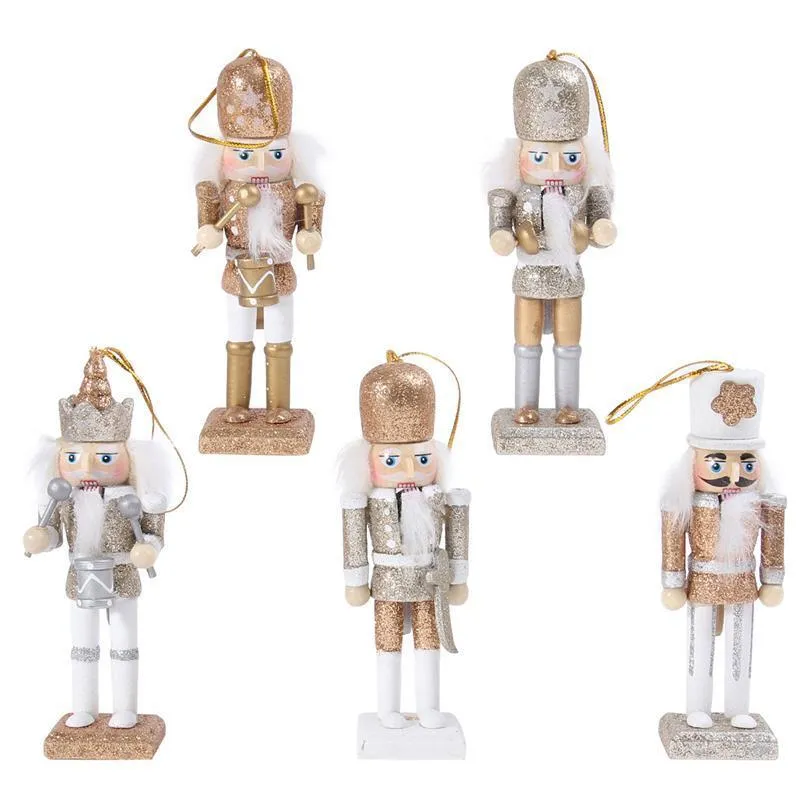 Christmas Wooden Doll Decor Christmas Nutcracker Doll Pendant Creative Glittering Powder Doll OrnamentWhite Gold 201127