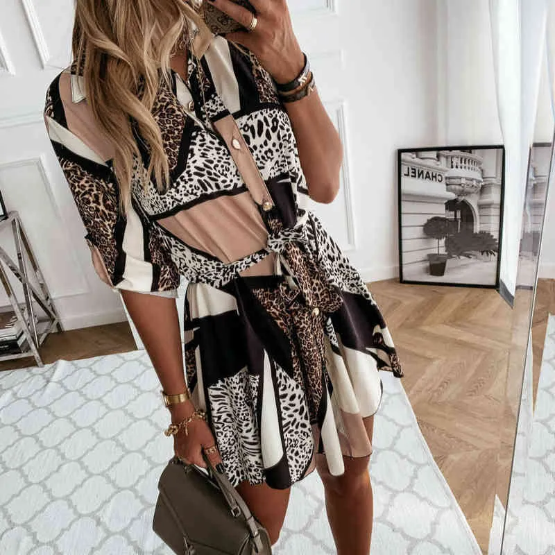 Fashion Autumn Women Leopard Printed Shirts Dress Tie Waist Roll up Sleeve Buttons Turn-down Collar Pleated Dress Y220304