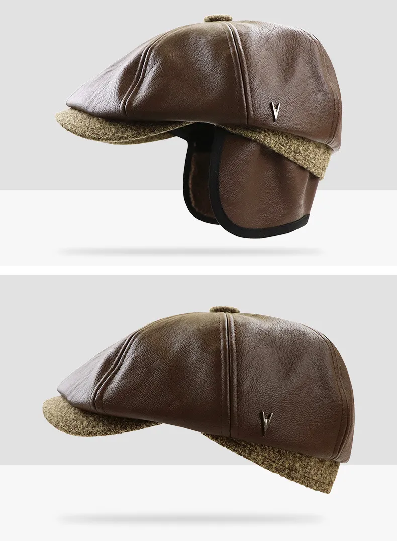 TOHUIYAN Classic Leather Newsboy Cap For Men Autumn Winter Warm Octagonal Hat Snap Brim Collection Hats Gentleman Beret Caps Y200110