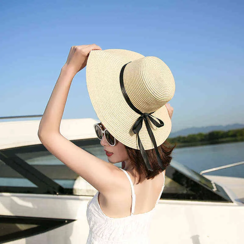 Женщины Новые Шляпы 2021 Летний Большой Брейм Соломенная Шляпа Глопная Широкая Breim Sun Cap Bowknot Beach Складные Шляпы G220301
