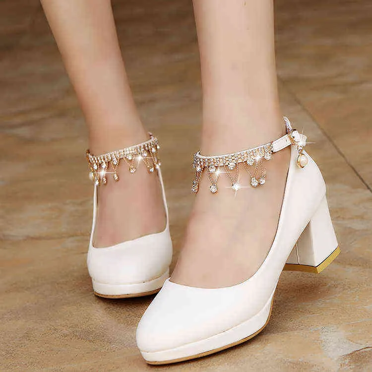Dress Shoes Women Wedding Crystal Ankle Strap Pumps White Medium Heels Bridal Platform Designers 6932 220309