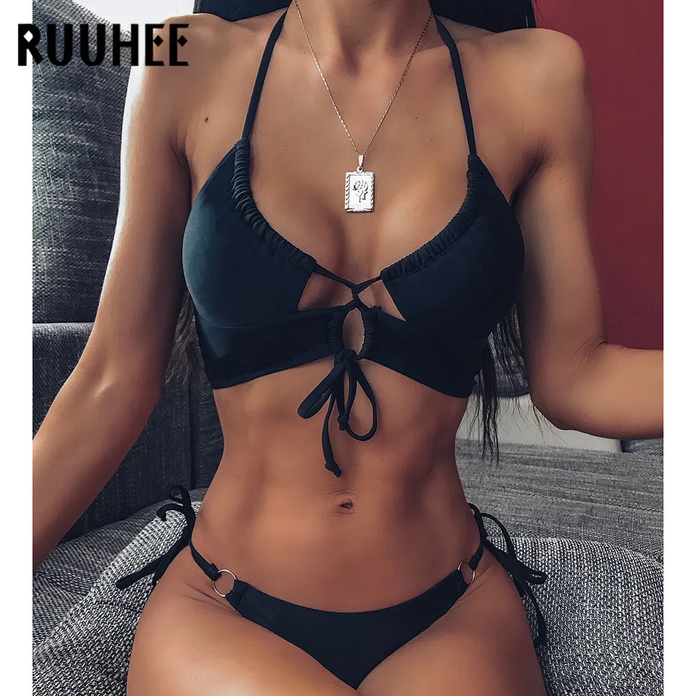 RUUHEE Bikini Brésilien Hot Femmes Maillots De Bain Halter Maillot De Bain Évider Maillot De Bain Sexy Micro Bikini Set Beachwear Biquini T200508