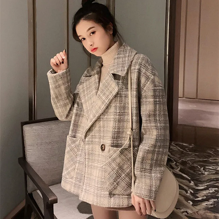 Bella Plaid Woolen Coat feminino outono inverno solto versão coreana de retro pequeno tweed tweed casaco 201221