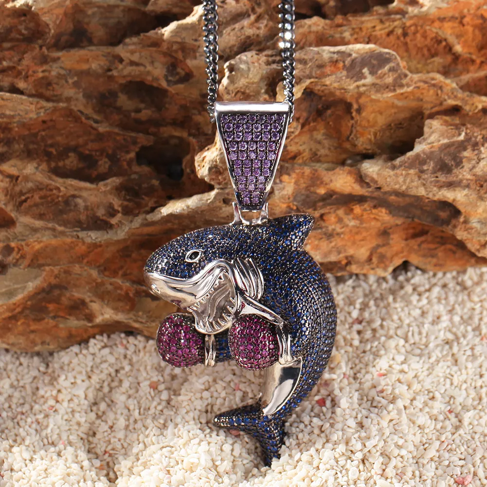 Nouveau Design pendentif requin de boxe plein de Zircon personnalité rappeur collier Hip Hop hommes bijoux cadeau perles charmes colliers295j