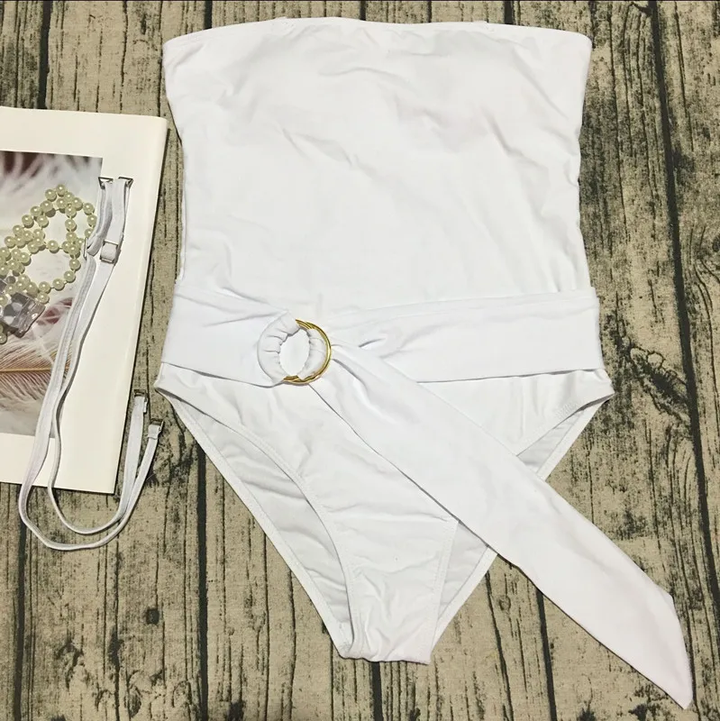 Nouveau été Bikini blanc sans bretelles maillot de bain bandeau une pièce maillot de bain maillot de bain femmes Monokini 2019 anneau en métal ceinture maillots de bain T200708