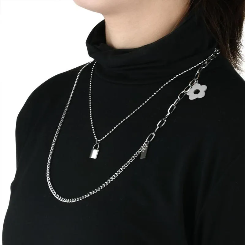 Nowy zamek modowy kwiatowy naszyjnik warstwowy Warstwowy Oświadczenie długi łańcuch punkowy padlock bez szyi dla kobiet dziewczęta gotycka biżuteria CN86253E