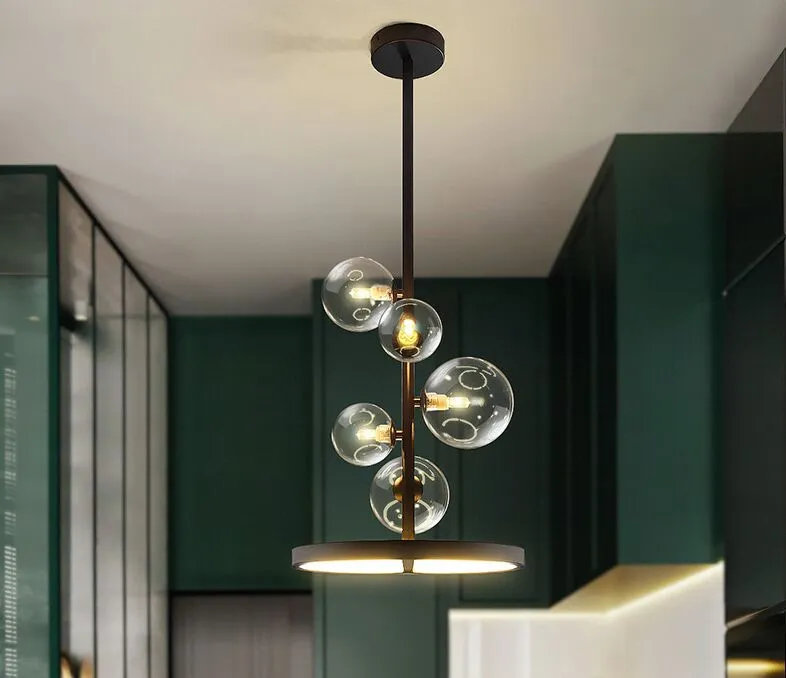 Creative Modern Nordic G9 Chandelier Clear Glass Ball Black LED Pendant Lamp för mats vardagsrum Bar kafé Restaurang260w