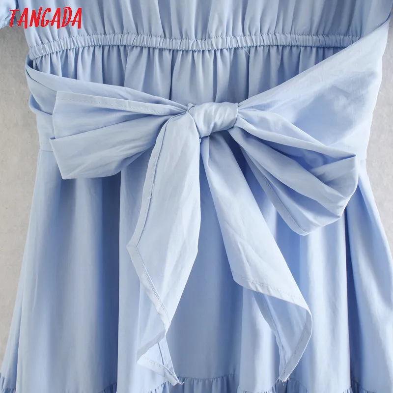 Tangada moda donna blu pieghettato croce abito estivo nuovo arrivo manica corta signore midi Dress Vestidos 2W114 T200603