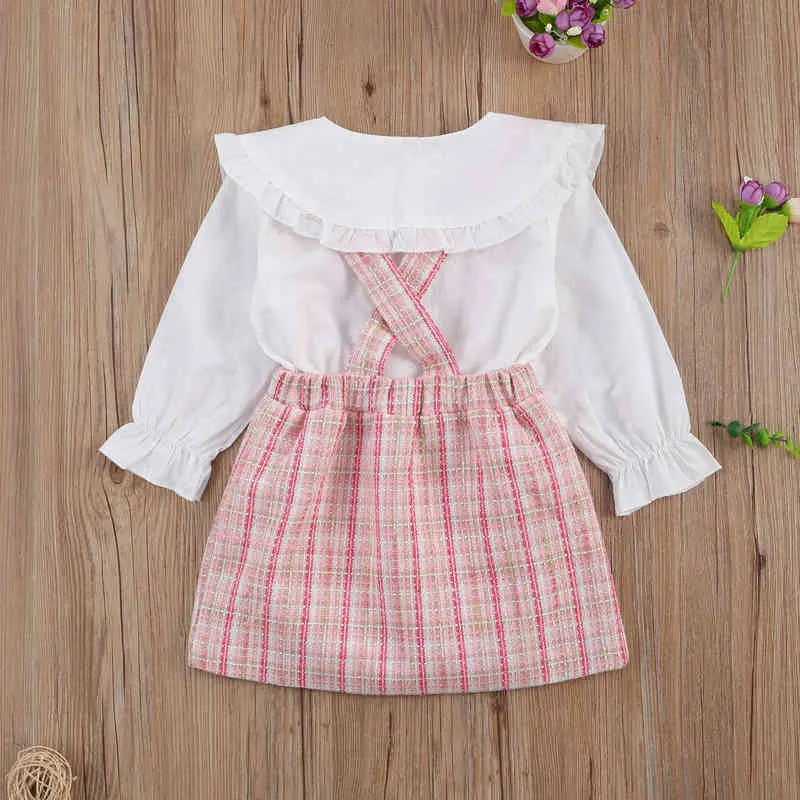 Focusnorm Autumn Princess Kids Baby Girls Clothes Set 2st Peter Pan Collar Single Breasted Tops Plaid Print Bib Rem klänning G220310