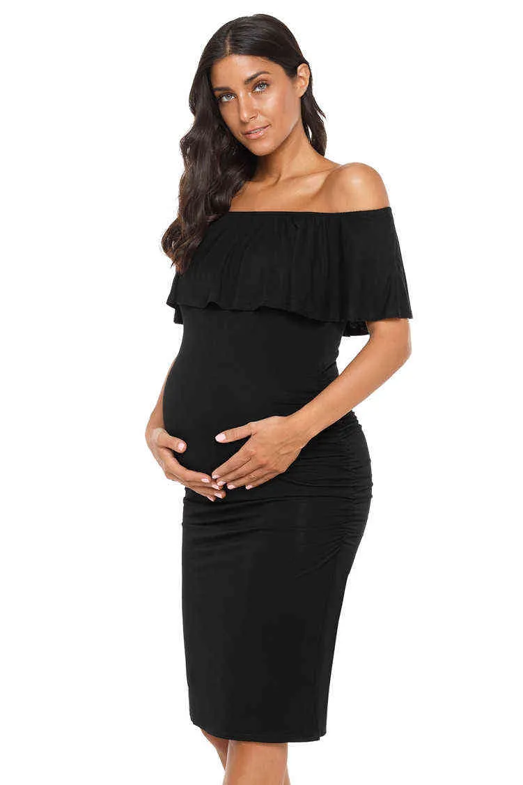 Damska Ruffle Off Ramię Rękawów Sukienka Macierzyńska Ruched Strony Kolano Długość Bodycon Dress Mama Ciąży Odzież Baby Shower G220309