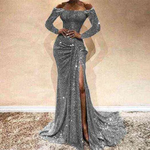 2022 Girls Sexy Boat Neck Off Shoulder Sequined Evening Gowns Side Split Mermaid Dress Long Y220222