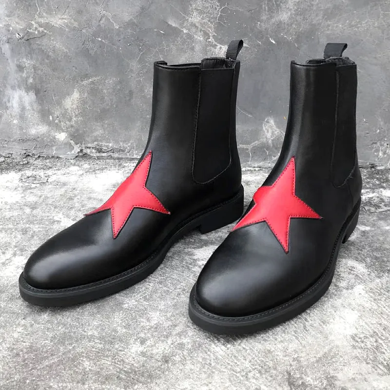 Зима натуральная кожа черная звезда мода сапоги высокого качества Челси сапоги ручной работы на лодыжках для мужчин