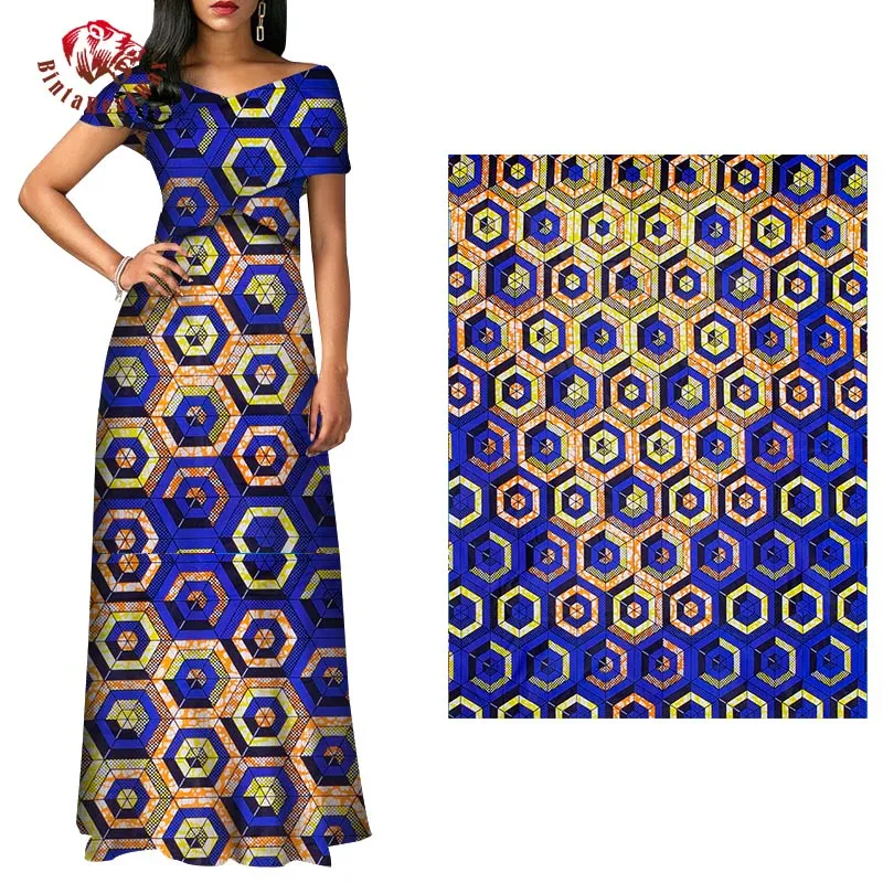 Bintarealwax 6 Yards Tessuto africano Motivi geometrici Ankara Poliestere Farbic cucire Tessuto stampa cera tagliata a misura Designe231L