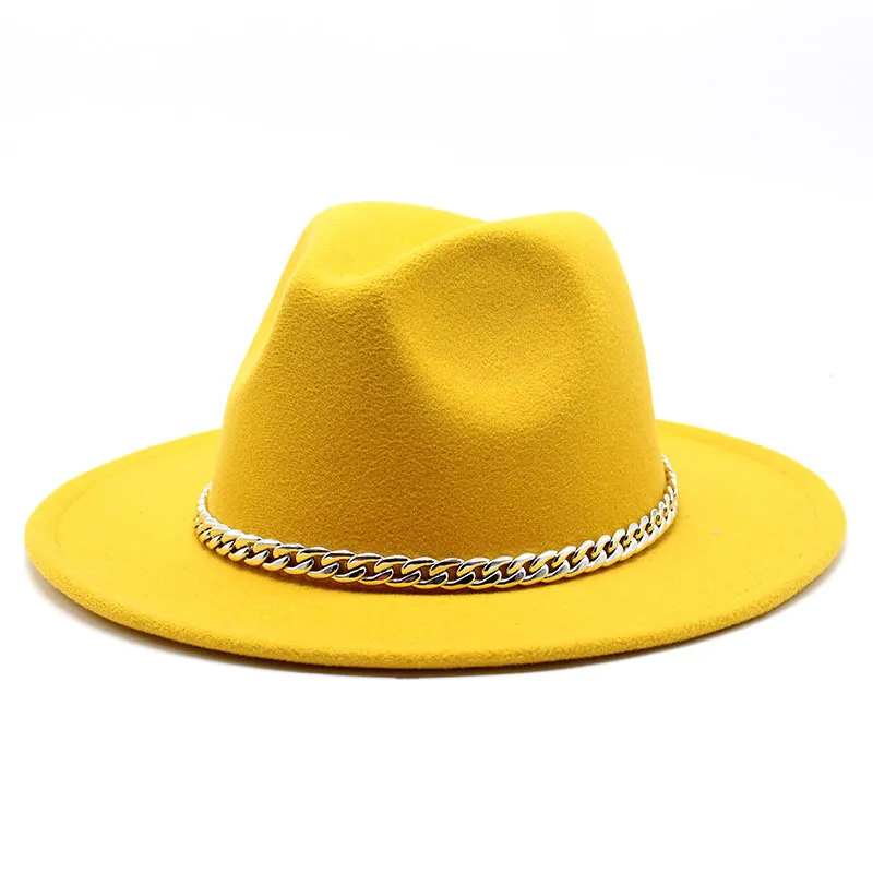 2020 High Quality Wide Brim Fedora Hat Women Men Imitation Wool Felt Hats with Metal Chain Decor Panama Fedoras Chapeau Sombrero C9959031