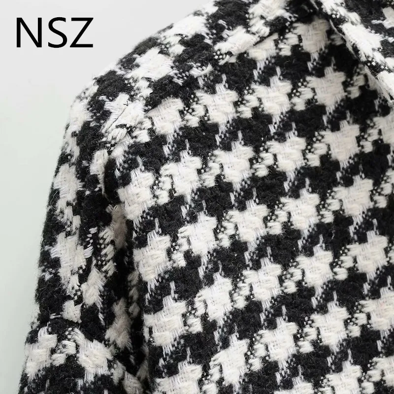 Nsz mulheres preto e branco houndstooth oversized tweed jaqueta de lã mistura camisa xadrez casaco verificado overshirt vestuário outerwear 201120