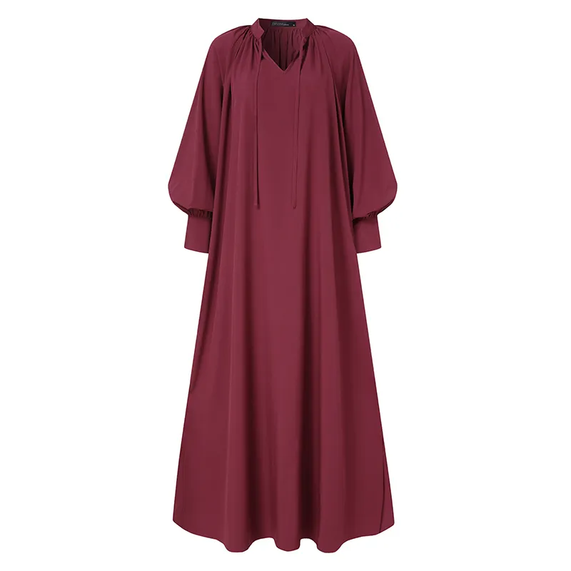 Zanzea moda mujer maxi vestido largo otoño v cuello manga larga sundress casual sólido suelto vesttido kaftan robe femme plus tamaño y0118
