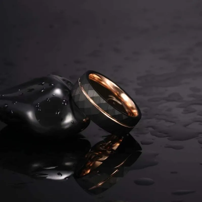 Tigrade 6mm 8mm Czarny Tungsten Pierścienie Dla Mężczyzn Kobiety Cienka Rose Gold Groove Młotek Wedding Band Ring Comfort Dopasuj rozmiar 5-14 220216