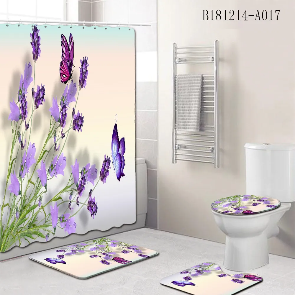 / set salle de bain rideau de douche et tapis de toilette tapis anti-dérapant absorbant l'eau tapis de salle de bain antidérapant tapis rose floral T200711