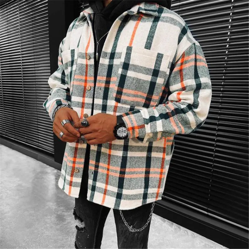 Mode Plaid imprimé manteaux pour hommes décontracté lâche à manches longues vêtements d'extérieur hommes automne col rabattu veste boutonnée 220301