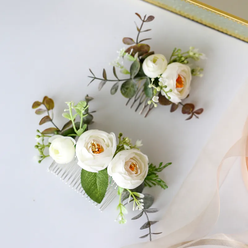 Handmade Greenery Headwear Bride Head Piece Flower and Leaf Hair Comb for Wedding Ceremony J0113