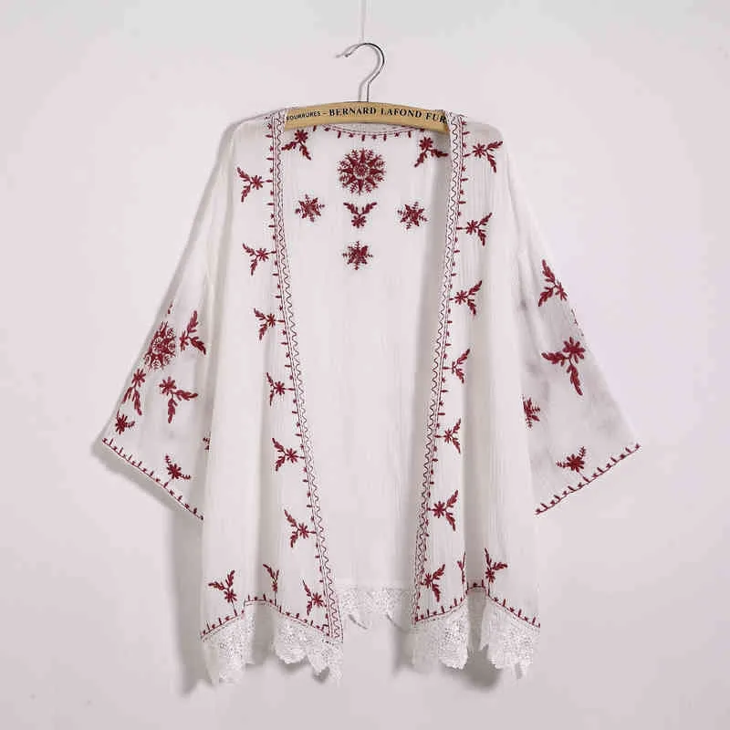 Women Embroidery Kimono Cardigan 2021 Boho Fashion Summer Shawl Shirt Blouse Sunscreen Lace Loose Tops Outwear Blusas Feminina H1230