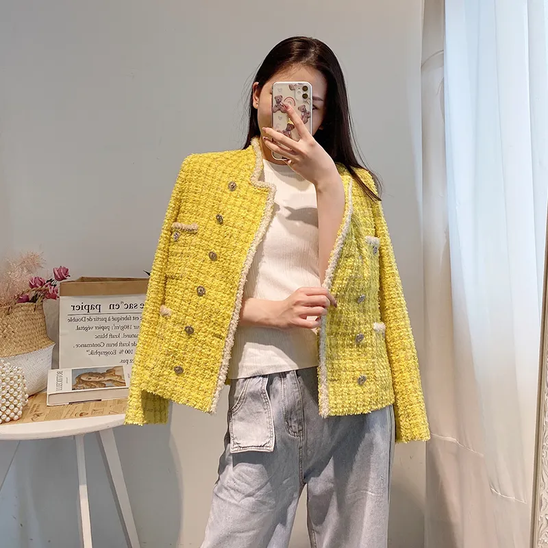 High Quality Runway Women Tweed Jacket Autumn Office Ladies Double Breasted Crystal Buttons Kpop Yellow Plaid Jackets Coat 201014