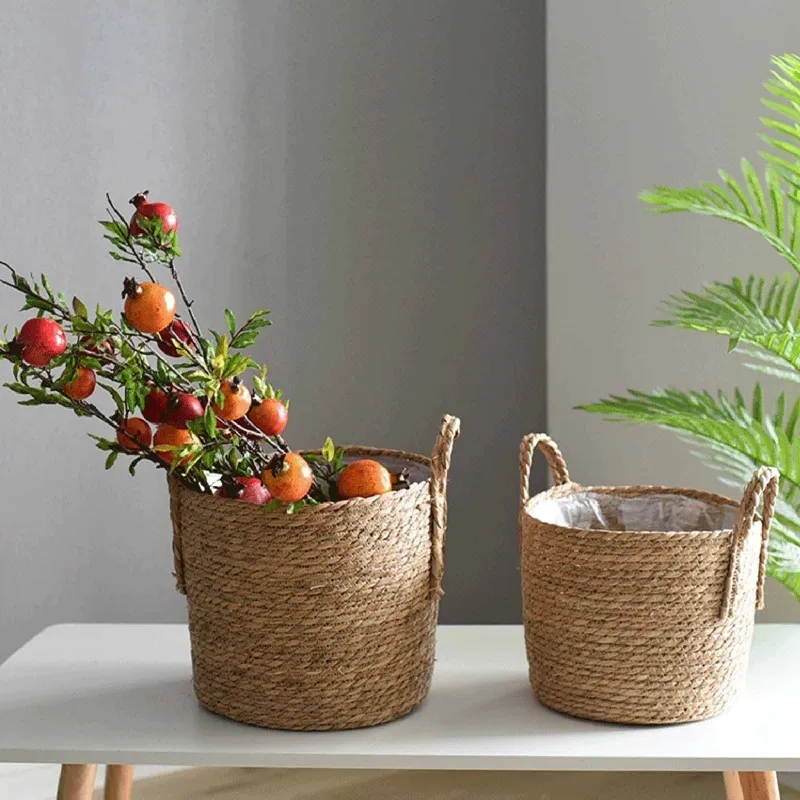 Handmade Bamboo Storage Baskets Laundry Straw Patchwork Wicker Rattan Seagrass Belly Garden Flower Pot Planter Basket 220211