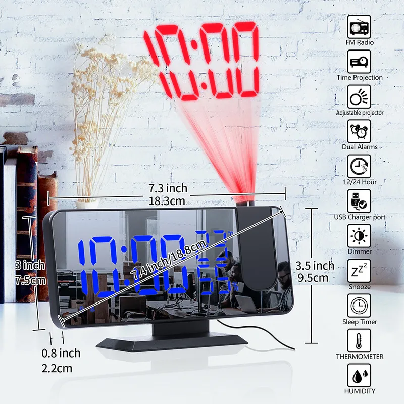 Digitaler Projektionswecker USB FM R Dimmer Timer Hintergrundbeleuchtung LED-Projektor Aufwachen mit Temperaturthermometer 220311