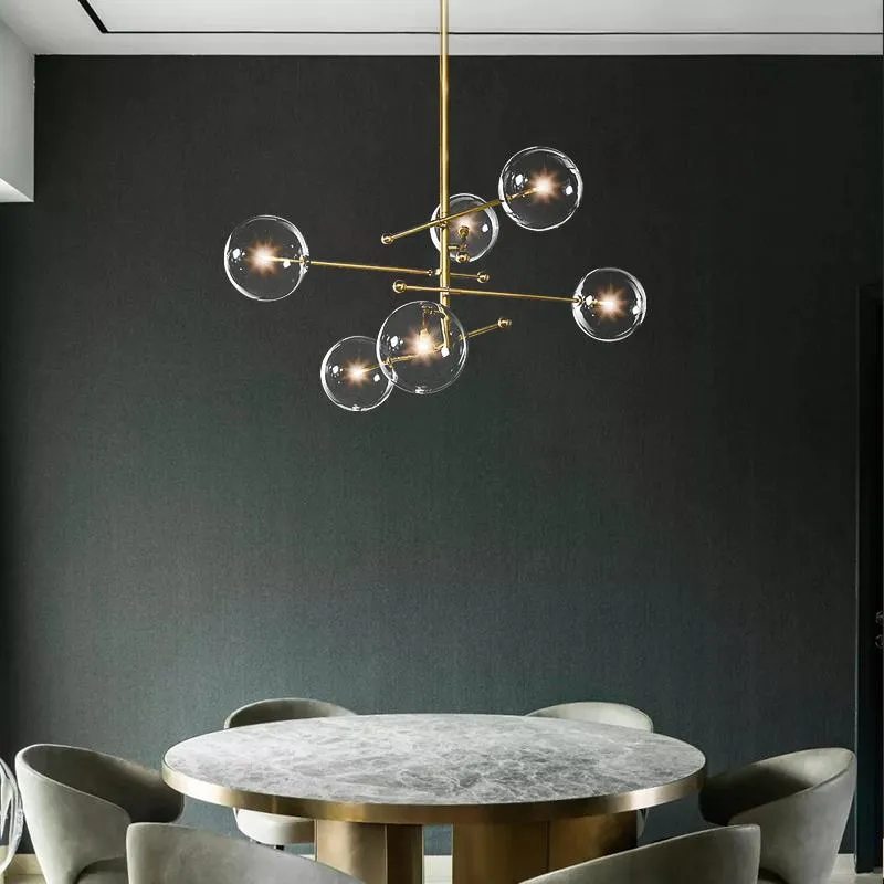EMS 2020 design moderno lampadario a sfera in vetro 6 teste lampada a bolle di vetro trasparente lampadario soggiorno cucina oro nero luce f2937