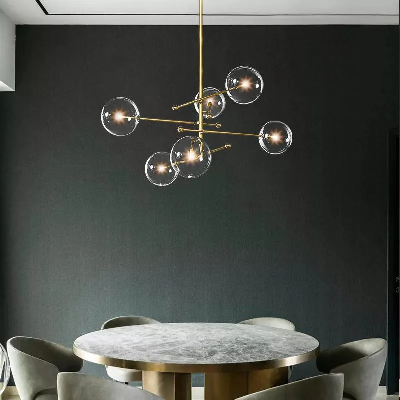 EMS 2020 lustre boule de verre design moderne 6 têtes lustre lampe à bulles en verre clair pour salon cuisine lumière or noir f3229