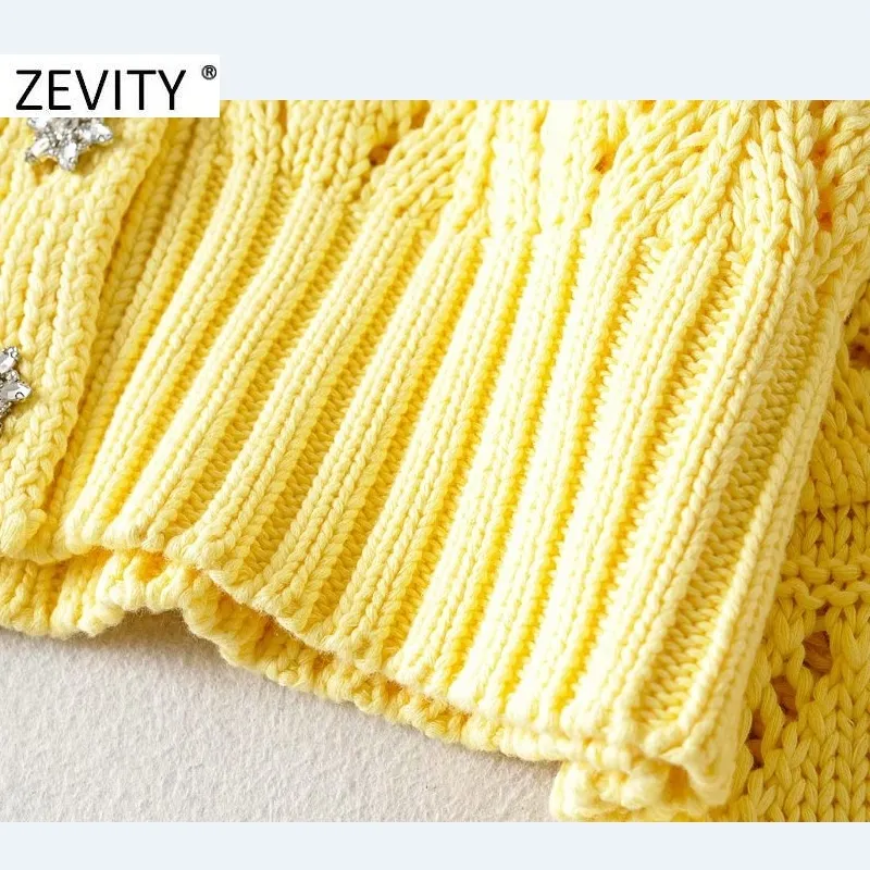 Zevity Women Fashion v Neck Pearl Button Cardigan knitting Sweater Lady Long Sleeve Hollow Hollow Out Sweater Tops S396 201225