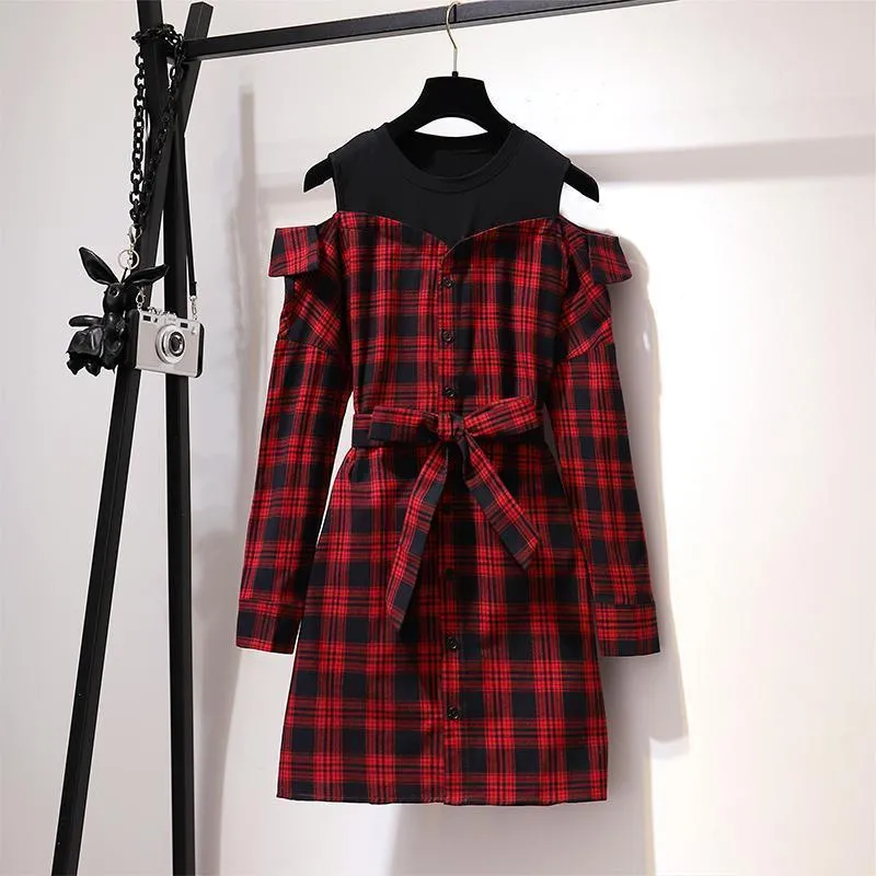 Ichoix Style coréen mignon robe de chemise à carreaux rouges à manches longues avec ceinture mini robe décontractée offshound printemps automne robe t200604