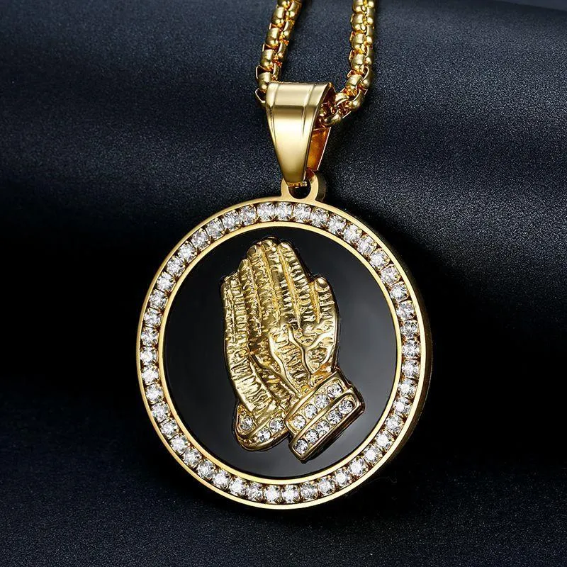 Hip Hop lodowany wisiorek do modlitwy z męską łańcuchem złoty kolor stali nierdzewnej CZ urok okrągły naszyjnik biżuteria męska prezent1230r