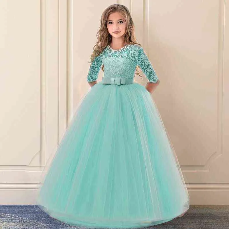 Red Christmas Dress Lace Flower Girls Wedding Party Children Clothing Elegant Long Gown Formal Evening Kids Dresses for 220110