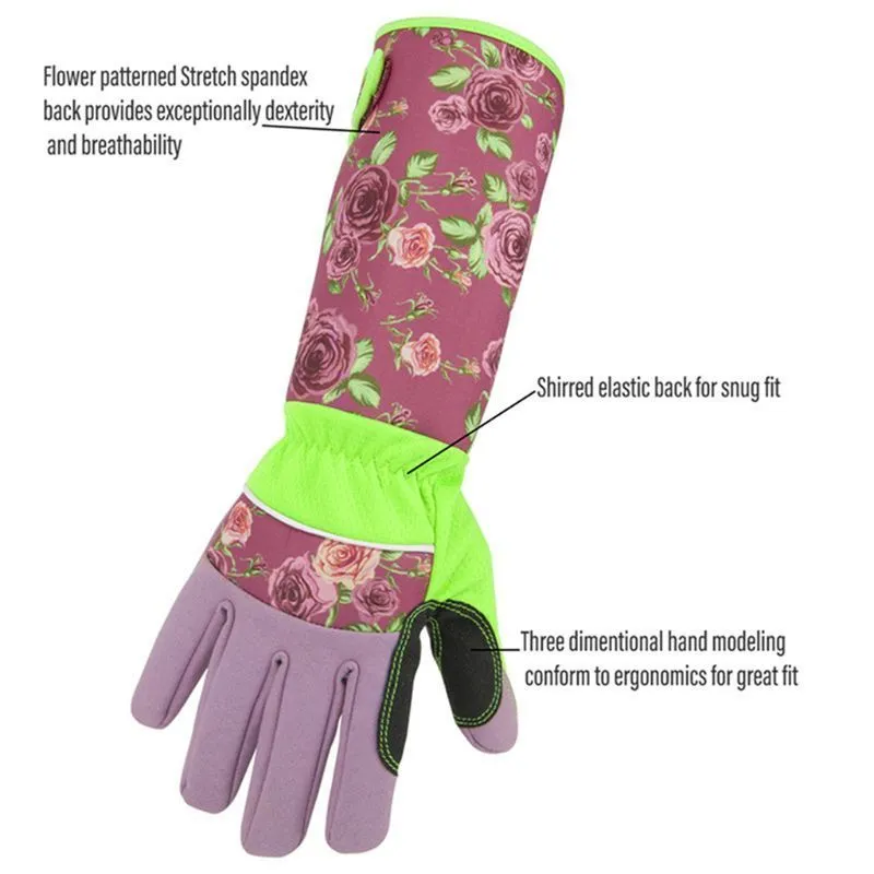 1 para Kwiatowy Druku Rękawice Ogrodnictwo Faux Leather Long Sleeve Rękawiczki Kobiety Niepoślizgowe Czyszczenie Gospodarstwo Gospodarskie 201021