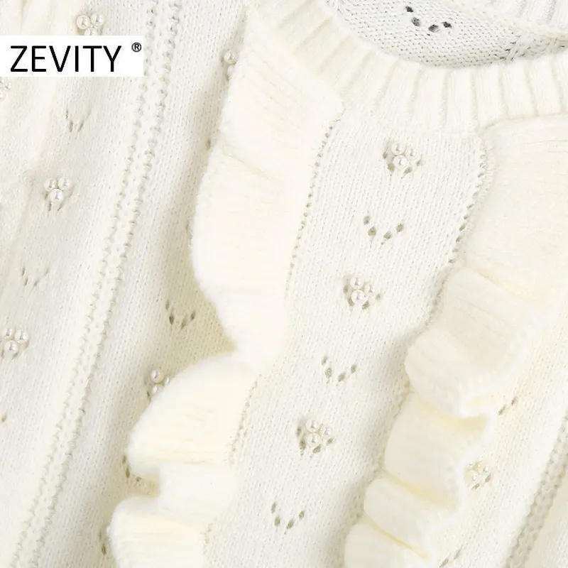 Zevity Women O Neck Agaric Lace Pearl Beading Knitting Sweater Female Chic Puff Sleeve Hollow Out Ruffles Pullover Tops S446 201221