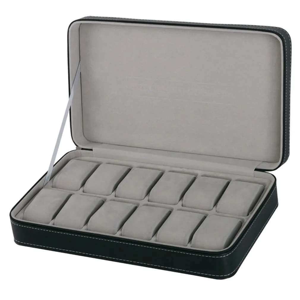 Caja de reloj con 12 ranuras, caja de almacenamiento con cremallera, pulsera, contenedor de embalaje, soporte de exhibición, ataúd gris para regalos de negocios CX20276i