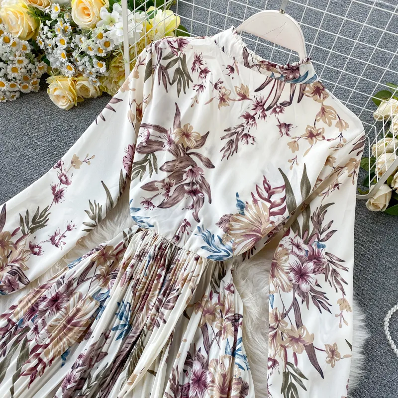 Nieuwe aankomst Vakantiejurk Women Fashion Long Sleeve Flower Print Geplooide jurk Elegant Woman Midi Holiday Dress T200603