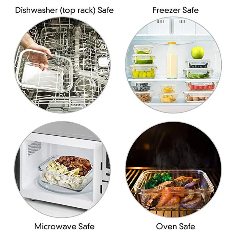 Draagbare glazen voedselopslagcontainer, BPA-gratis lunchbox, 100% lekvrije reizen Camping Lunchbox met Smart Snap Lock Lid T200710
