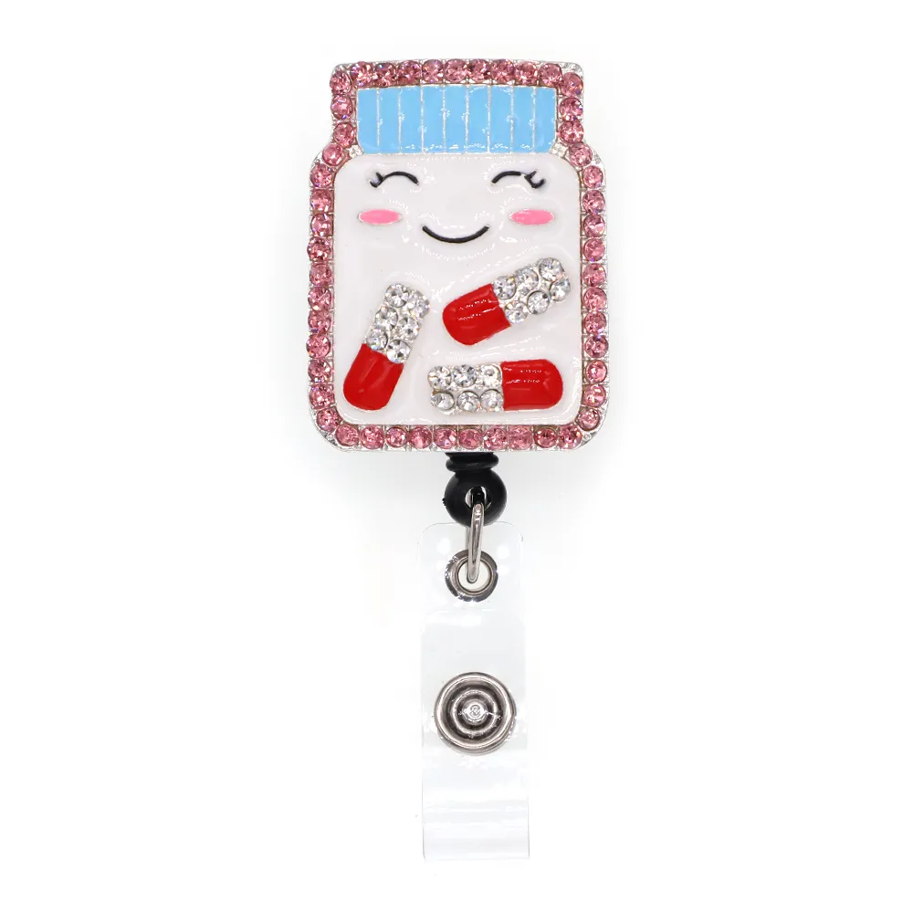 Fashion Nyckelringar Crystal Rhinestone Medical Rx Pharmacy Pill Medicine Botte Badge ID Holder Dractable Reel för dekoration2882