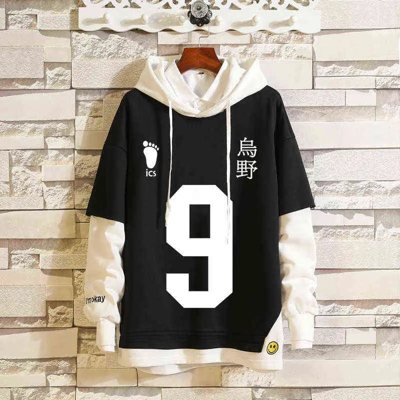 2021 Haikyuu !! Shoyo Hinata Hoodies Karasuno Volleyboll Kostym Tobio Kageyama Sweatshirt Vuxen Unisex Hooded tröja kläder H1227