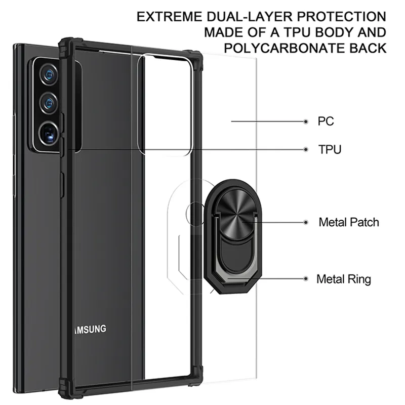 Wojskowe akrylowe przypadki dla Samsung Galaxy Note 20 Ultra metalowy pierścień magnetyczny staj tylna dla S20 S10 S9 S8 Plus Note 10 Pro