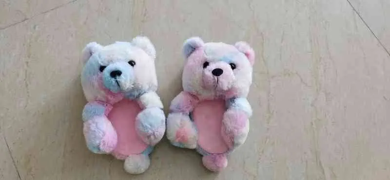 Kawaii Teddy Bear Kobiety Buty Dziecko Pluszowe Kapcie Kreskówki Cute Bear Buty Boże Narodzenie Y220214
