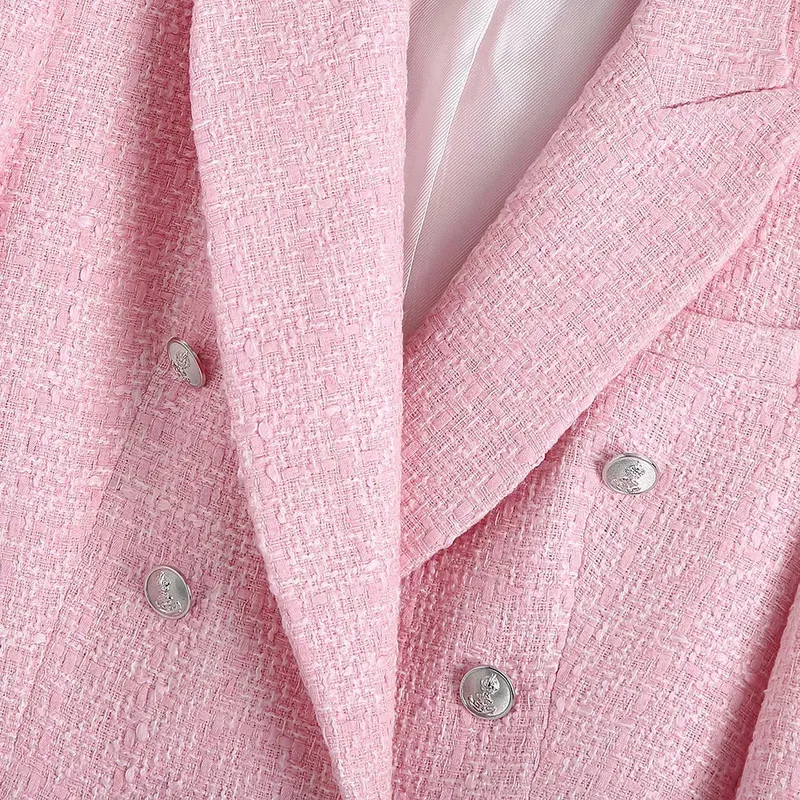 Xeasy mulheres conjunto de duas peças rosa tweed vintage escritório senhora duplo breasted blazer feminino feminino cintura alta cintura culottes saia terno 220302