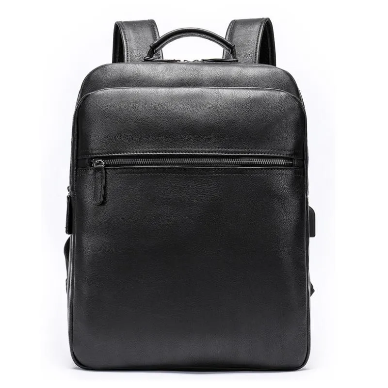 Luuafn Classic Design Black Laptop Business Backpack Of Men Genuine Leather Computer Bag With USB Cable Connector Men Daypack270U