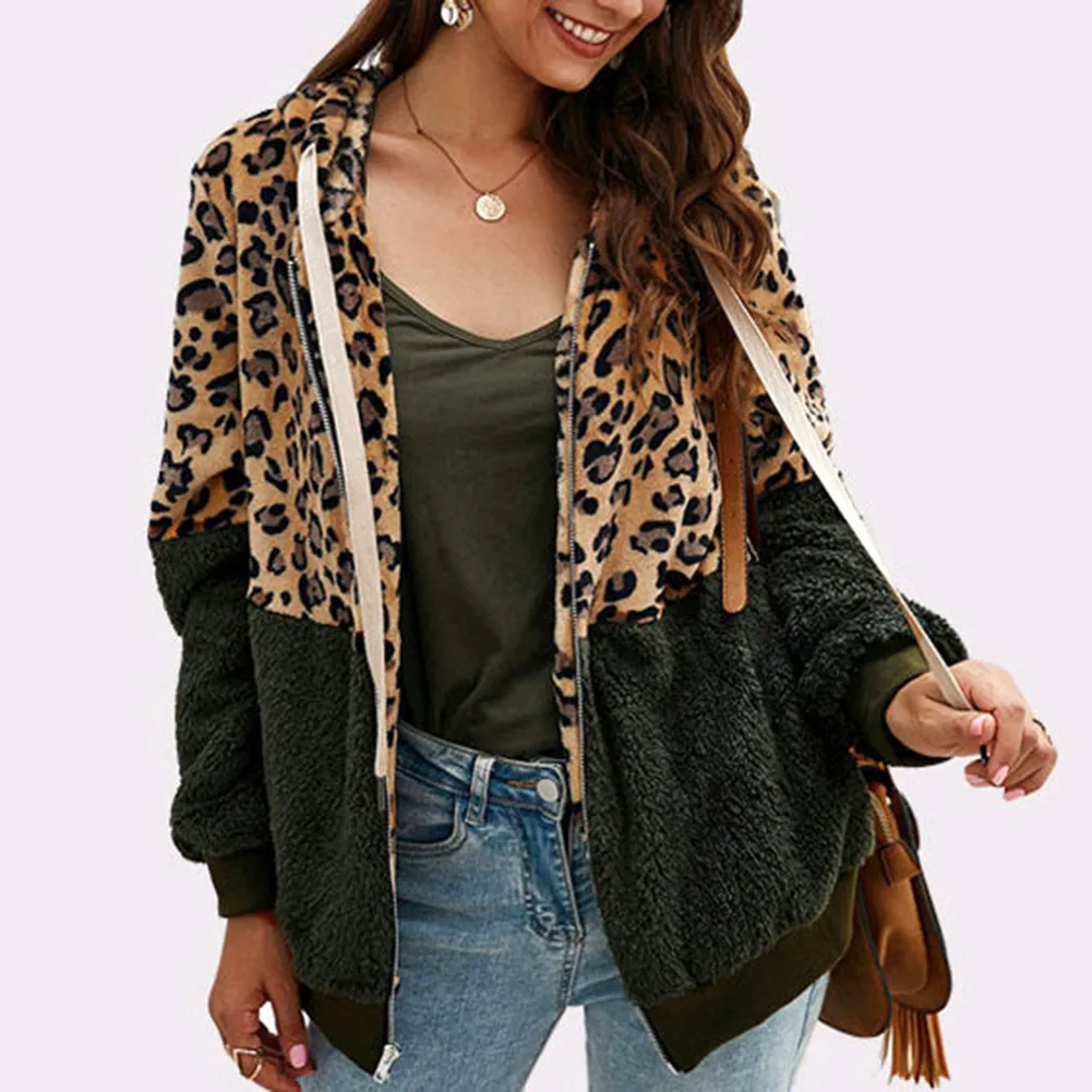 Block Patchwork Jacket Zip Hooded Outwear Coat Veste Manteau Femme Kvinnor Höst Vinter Jackor Leopard Skriv ut Gratis frakt T200111