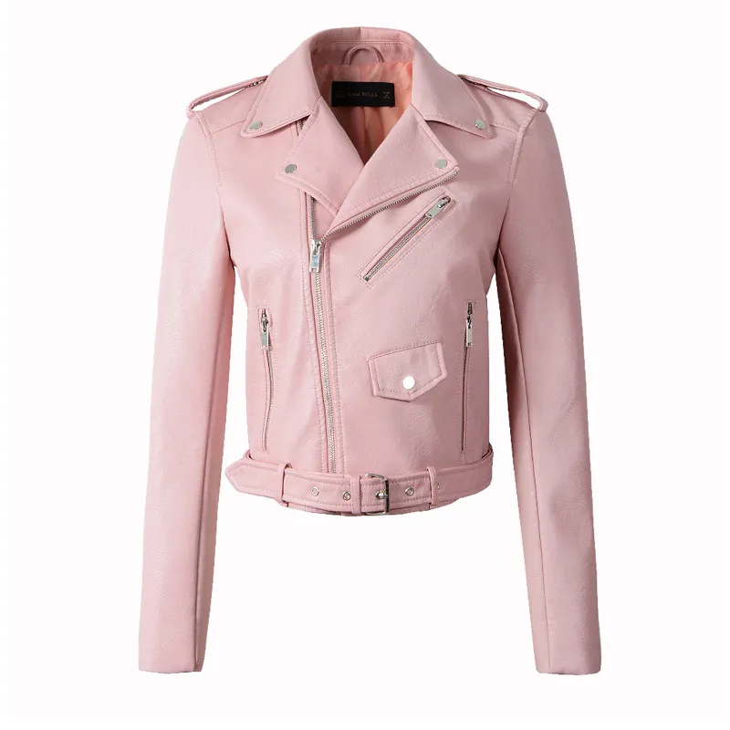 Fitaylor Frauen Weinrote Kunstlederjacken Lady Pu Lederjacke Bomber Motorrad Biker Rosa Schwarz Oberbekleidung mit Gürtel 201226